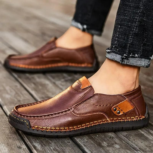 Men's Loafers Leather Hand-Stitched Casual Shoes Non-Slip Wear